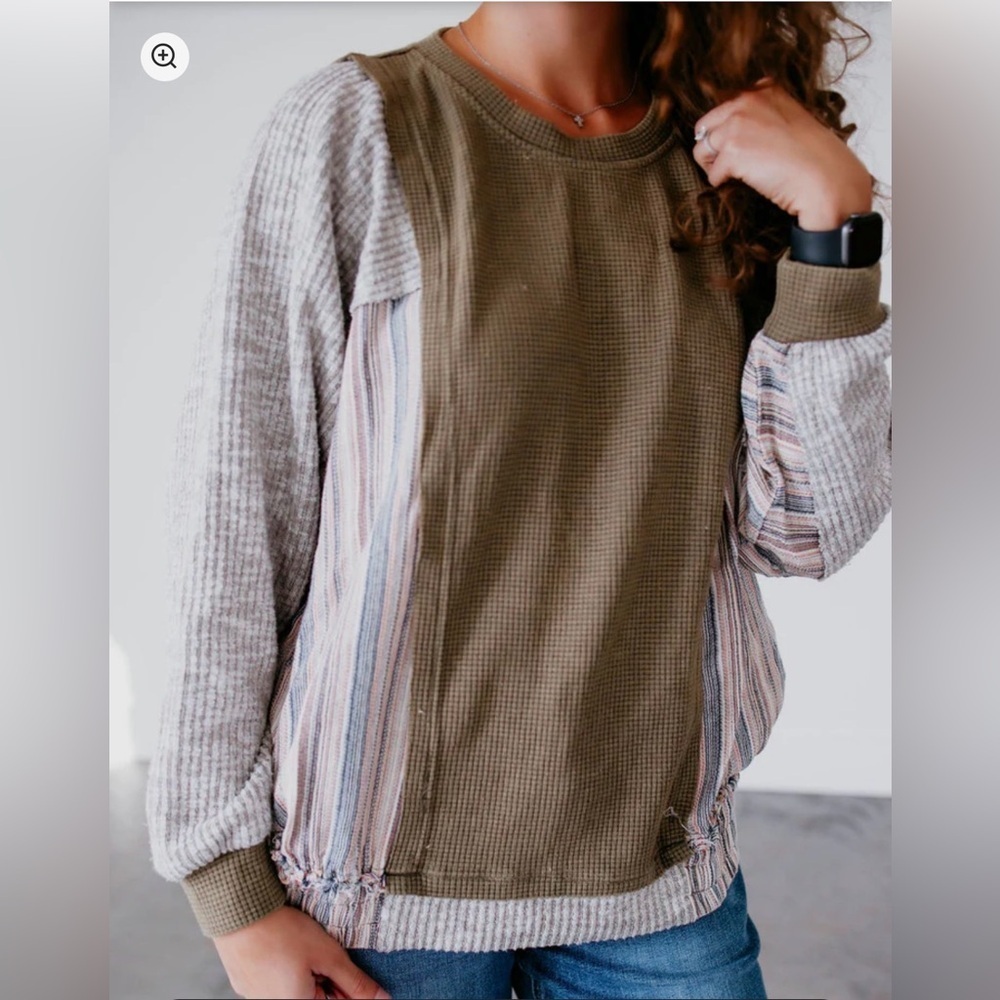 Oli & Hali Mixed Knit Top Size XL Olive Long Sleeve Oversized Pockets